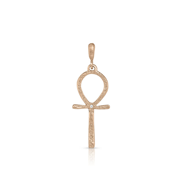 Dominique Cohen intricately etched, diamond-kissed petite Ankh key of life enhancer in 18k rose gold <span class='visuallyhidden'>Call or text 323-404-2959 if you need shopping assistance.</span>